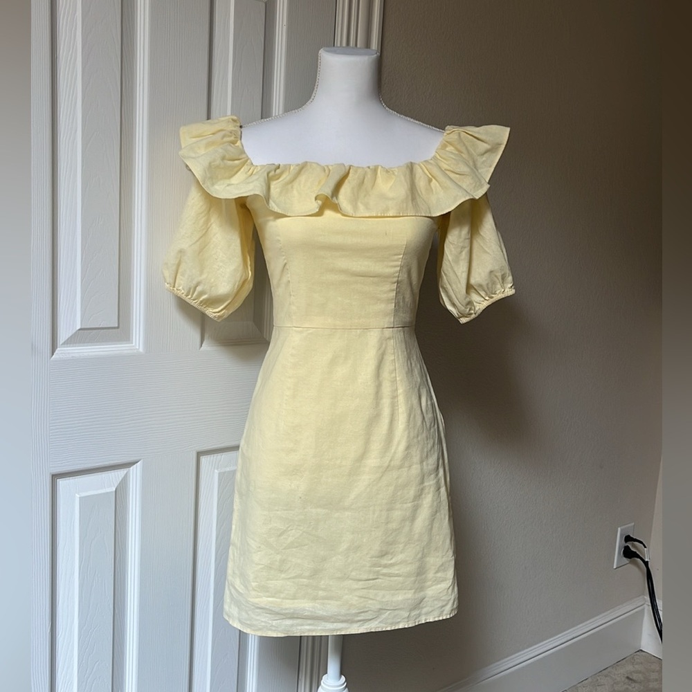 H&M Yellow Ruffle Linen Mini Dress Size XS